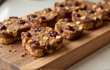 Round date and nut bars with cranberries on wooden board