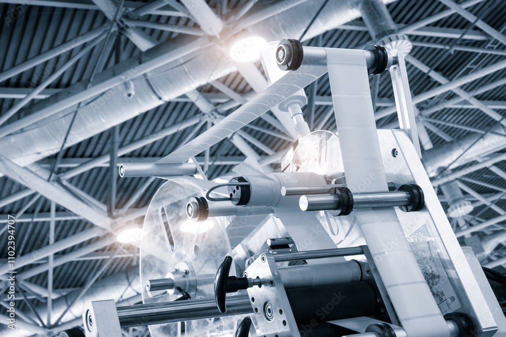 Poster fragment of the conveyor of sticking labeling machine. abstract industrial background.