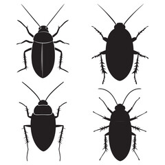 Cockroach Silhouette Vector Illustration, Black Cockroach Silhouette Icon Set, Creepy Cockroach Silhouette on White Background.