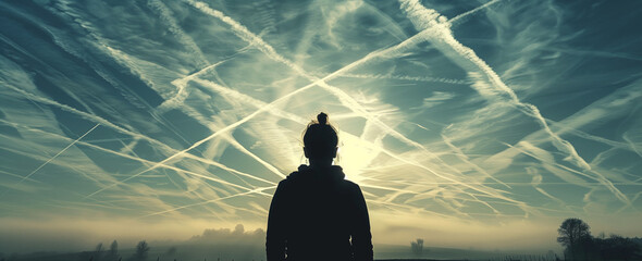 Person looking at the sky full of Chemtrails contrails