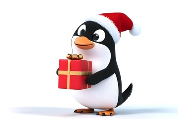 A cute cartoon penguin wearing a Santa hat, ready for Christmas fun