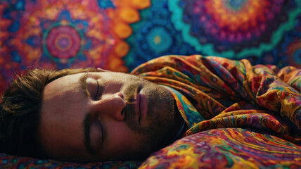 Obraz premium Primer plano de un hombre durmiendo con una escena psicodélica que lo rodea 