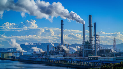 Obraz premium Factory with smoke coming out of exhaust chimney on blue sky background. Carbon trading & climate change concept