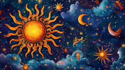 Astrological zodiac symbols on a cosmic background with sun motif. Ecliptic. Illustration