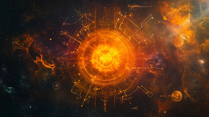 Astrological zodiac symbols on a cosmic background with sun motif. Ecliptic. Illustration