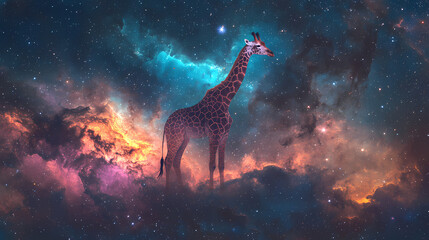 Fototapeta premium Celestial night sky featuring the majestic camelopardalis constellation, a subtle pattern of stars resembling a giraffe, amidst a backdrop of shimmering galaxies and nebulae. Ecliptic. Illustration