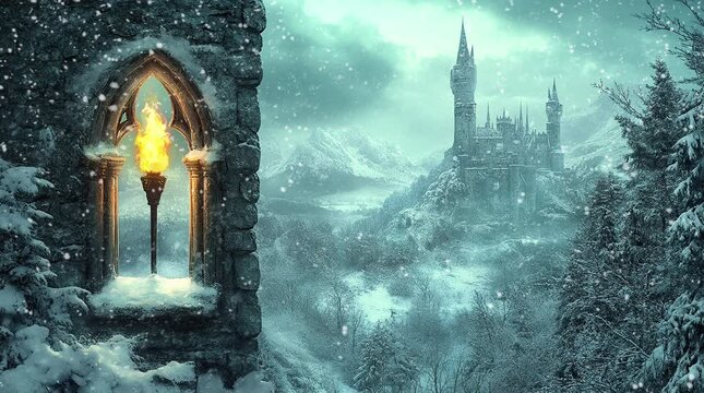 Majestic castle window with fire torches glowing in a snowy winter landscape  
Seamless looping 4k time-lapse virtual video animation Generated AI