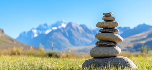 Stacked stones in a mountain landscape.