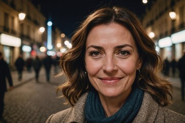 Fototapeta premium Close portrait of a smiling 40s French woman looking at the camera, French city outdoors at night blurred background