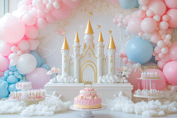 A princess-themed birthday cake with 3d castle, magical elements.
