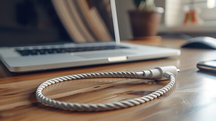 A white braided cable lies on a wooden desk, partially coiled. A laptop and a smartphone are visible in the background, suggesting a workspace or home office setting. 