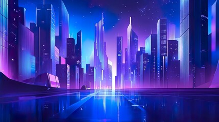 Night road to the city, neon landscape, background. Panorama of a city business skyscraper building. Modern architecture of metropolis center and big highway with fence surrounding concept