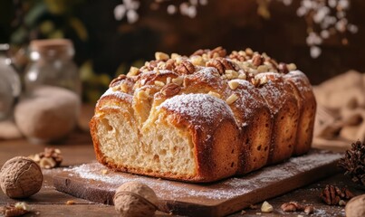 Fototapeta premium Freshly Baked Loaf of Bread With Nuts and Powdered Sugar