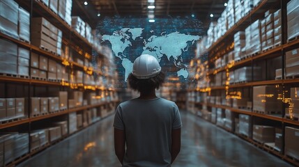 Worker analyzing holographic map in warehouse, global logistics, futuristic logistic concept