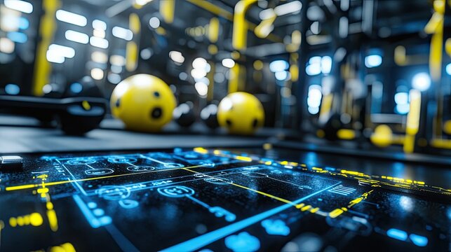 Futuristic gym interior with digital fitness interface overlay. - Powered by Adobe