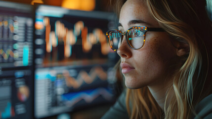 A young woman sits at a desk in a dimly lit office, attentively analyzing complex financial graphs and data on multiple computer screens, showcasing a focused and professional demeanor