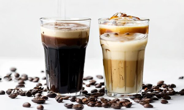 Set of black iced coffee and latte with milk in a tall glass on a white background