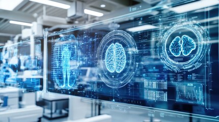 Futuristic medical displays showing human anatomy and brain scans in a modern lab.