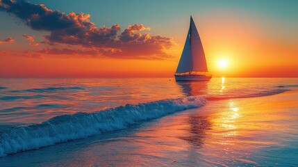 A serene sunset over calm waters with a sailboat gliding peacefully.