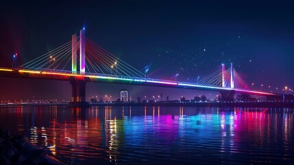 Obraz premium A panoramic view of a sleek bridge adorned with colorful LED lights at night