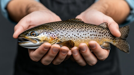Obraz premium Fresh trout held in hands, Whole fish with detailed scales, Raw trout displayed for culinary preparation