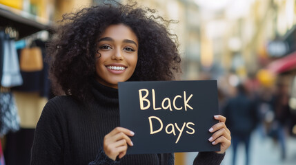 Woman holding Black Days black sign in a busy street, Urban promotional setting for Black Days event, Stylish advertising concept for seasonal sales