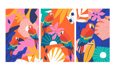 Colorful flowers and leaves poster background with parrots vector illustration design. Exotic tropical plants art print for travel and holiday, fashion, spa and wellness, wedding and events