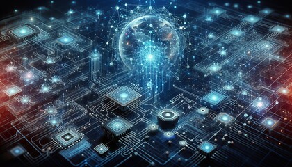 A futuristic digital network with glowing circuits and a central globe representing global data connectivity.