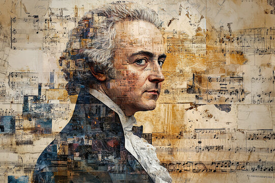 Vintage collage portrait of an older mozart.