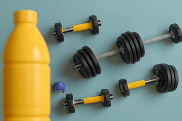 3d sports equipment, dumbbells, plastic bottle. the concept of a healthy lifestyle, sports and fitness.free space for text. 3d rendering