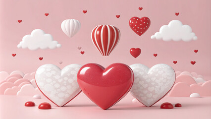 Valentine's Day 3D greeting card pink and red hearts floating heart shapes romantic atmosphere