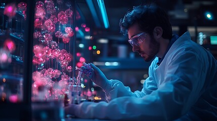 Obraz premium Technician observing the reaction of cells to drug substances