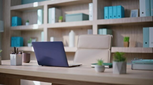 Contemporary minimalist office environment. Laptop standing at wooden desk