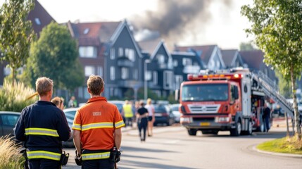 Firefighters Respond to Urban Blaze with Smoke Plume Rising Behind Homes and Emergency Vehicles, Signaling Urgency and Community Action in Crisis Response