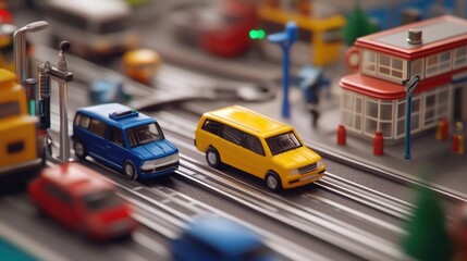 Miniature Car Race on a City Track Toy Vehicles in Motion