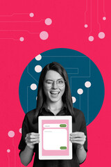 Vertical photo collage of happy girl hold tablet gpt chat webpage generator bot helper software...