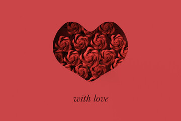 Paper Cut Out Happy Valentines Day Illustration with heart shape frame and rose blooms. 3d render