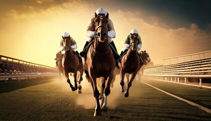 shot in a very wide area, in a very wide range, jockeys racing, front view, horses coming
