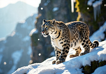 Obraz premium An Elusive Snow Leopard Poised in Thoughtful Elegance Amidst a Serene Winter Mountain Landscape Captured in Ethereal Light