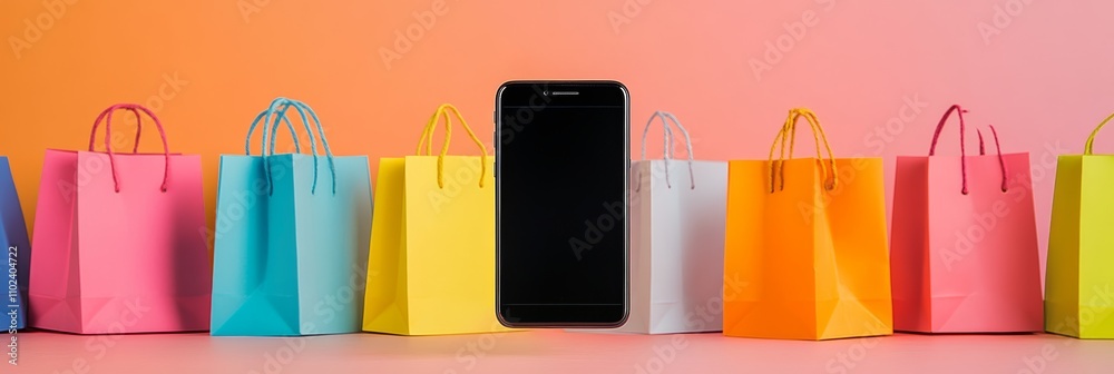 Poster smartphone with blank screen is surrounded by colorful shopping bags on a vibrant gradient backgroun