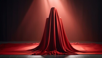 Mysterious figure shrouded in rich red fabric, bathed in dramatic light.