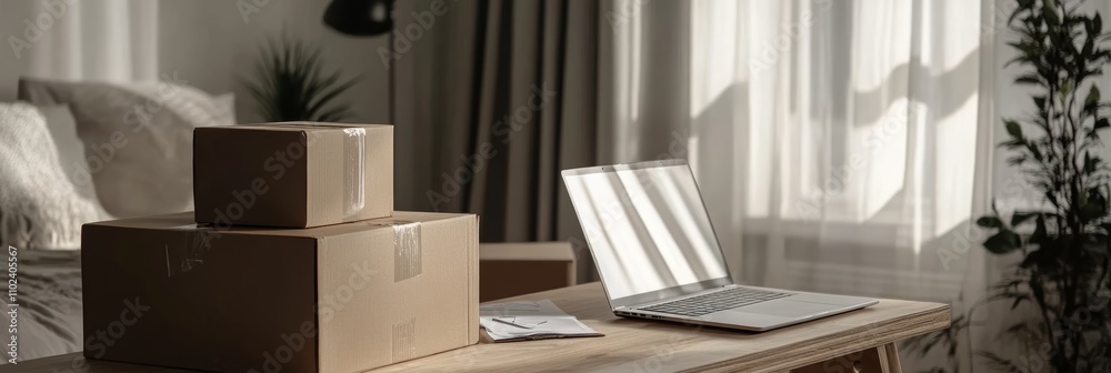 Aufkleber two stacked cardboard boxes sit on a wooden table next to an open laptop, bathed in sunlight streami