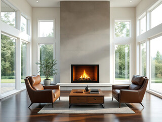 Fototapeta premium A bright living room with a modern fireplace and comfortable armchairs. Large windows frame a scenic outdoor view, filling the space with natural light. Hardwood floors and a neutral color palette.