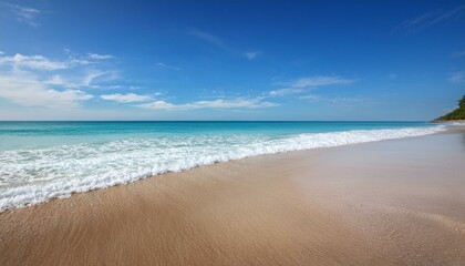 Serene beach scene with gentle waves lapping a sandy shore under a bright blue sky.