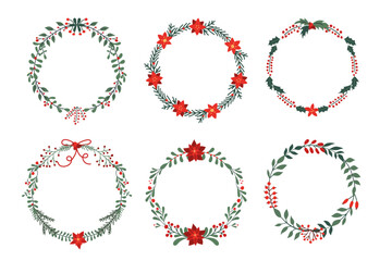 Decorative Christmas wreaths featuring red flowers, green foliage, and holiday accents