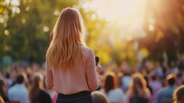 Woman speaker addressing large outdoor audience at sunset.