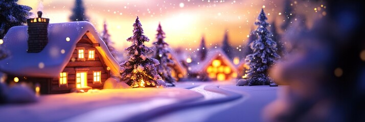 Fototapeta premium fairytale Russian New Year's night winter edge, with beautiful houses with glowing windows, like in the fairy tale