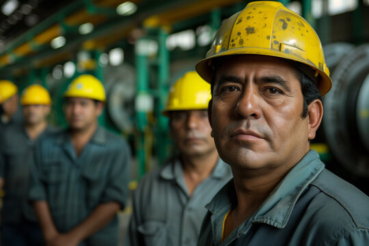 Photography of a Brazil team of factory workers in industrial line work with a professional working environment.	
