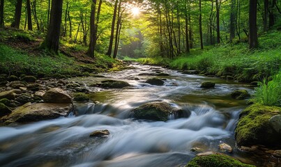 River Flowing through Green Forest