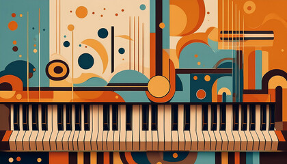 Piano keyboard playing modern jazz music with abstract background representing musical notes, instruments and sound waves